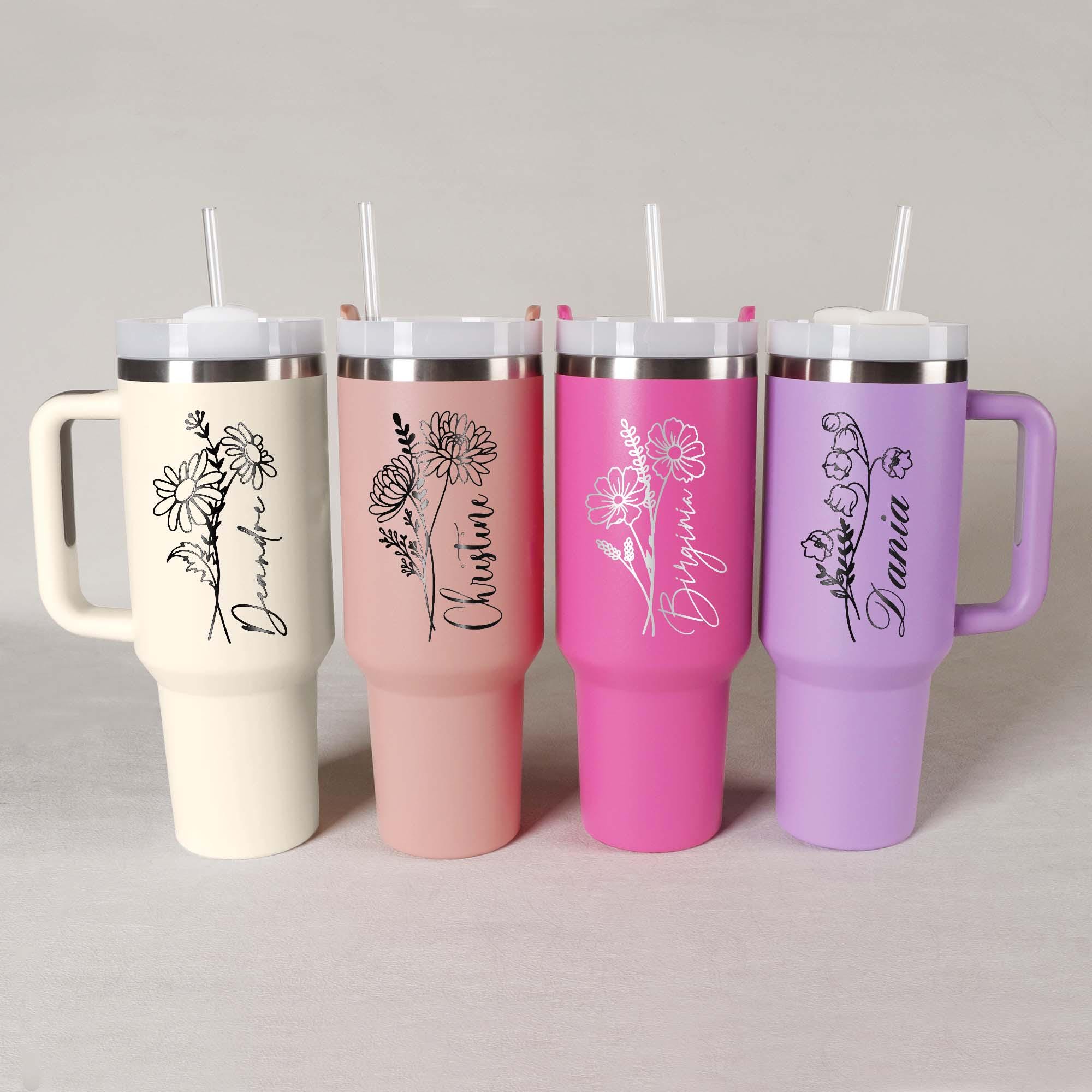 Personalized Birth Flowers 40oz Tumbler With Name, Stainless Steel Tumblers With Straw Handle, Custom Birth Month Flowers Cup, Birthday Gift