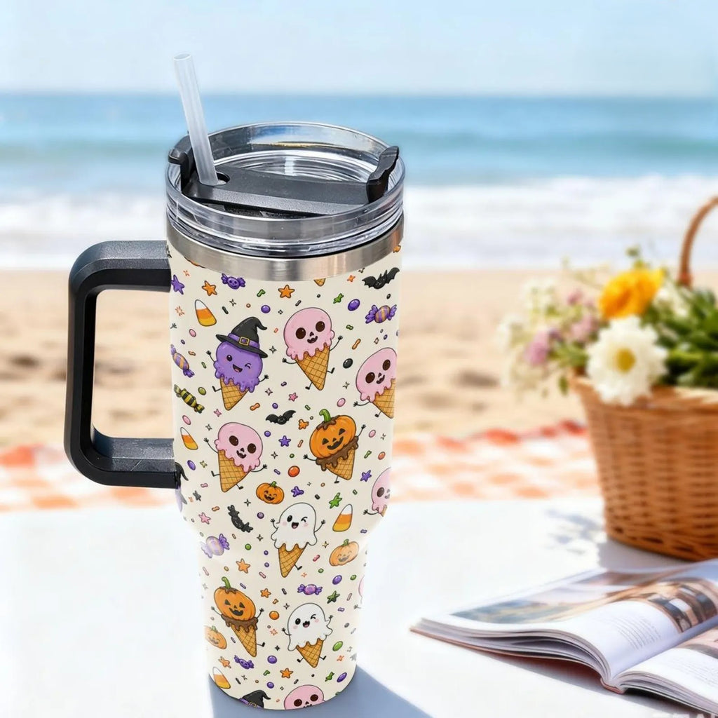40oz Summerween Tumbler, Ghost Ice Cream Tumbler, Funny Halloween Summer Cup, Cute Spooky Season Drinkware, Vintage Summerween Gift. TBLPETAL4