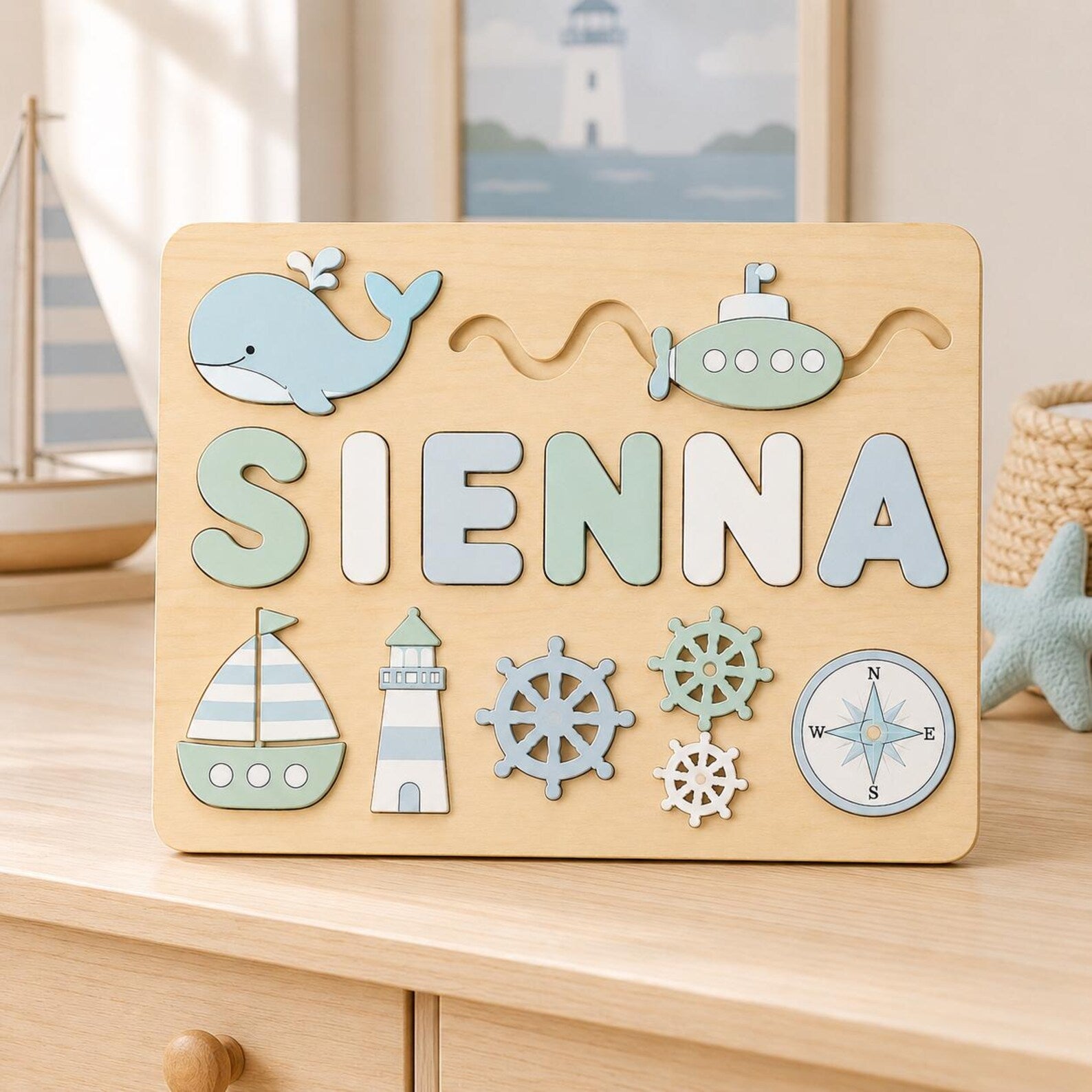 Personalized Nautical Name Puzzle, Custom Wooden Ocean Name Puzzle for Toddlers, Montessori Sea Adventure Puzzle, Kids Nursery Gift. NPPETAL18