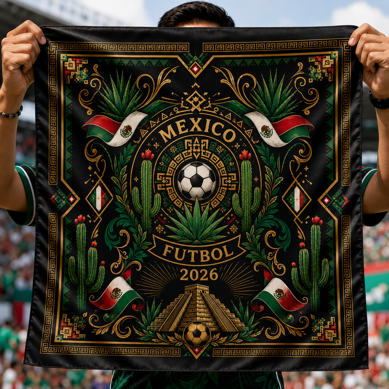 Mexico Soccer Satin Bandana, Mexican Eagle and Chichen Itza Head Scarf, Green White Red Football Supporter Accessory, Match Day Gift. SSPETAL1