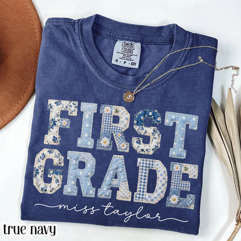 Comfort Colors® First Grade Teacher Shirt 1st Grade Matching Group T-Shirt Floral Blue Faux Patchwork Educator Back to School Team Tee. SPETAL18