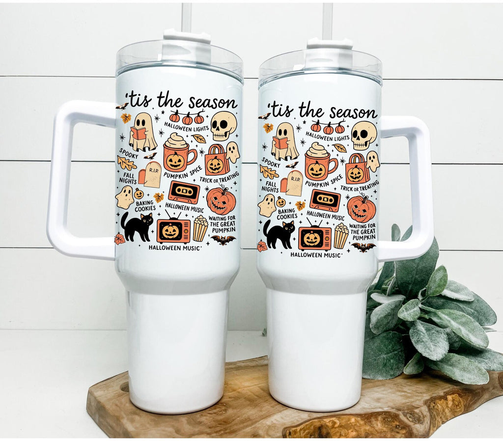 Spooky season 40oz tumbler, halloween 40oz tumbler with handle, pumpkin and skeleton tumbler for halloween, boo basket gift for her. TBLPETAL8