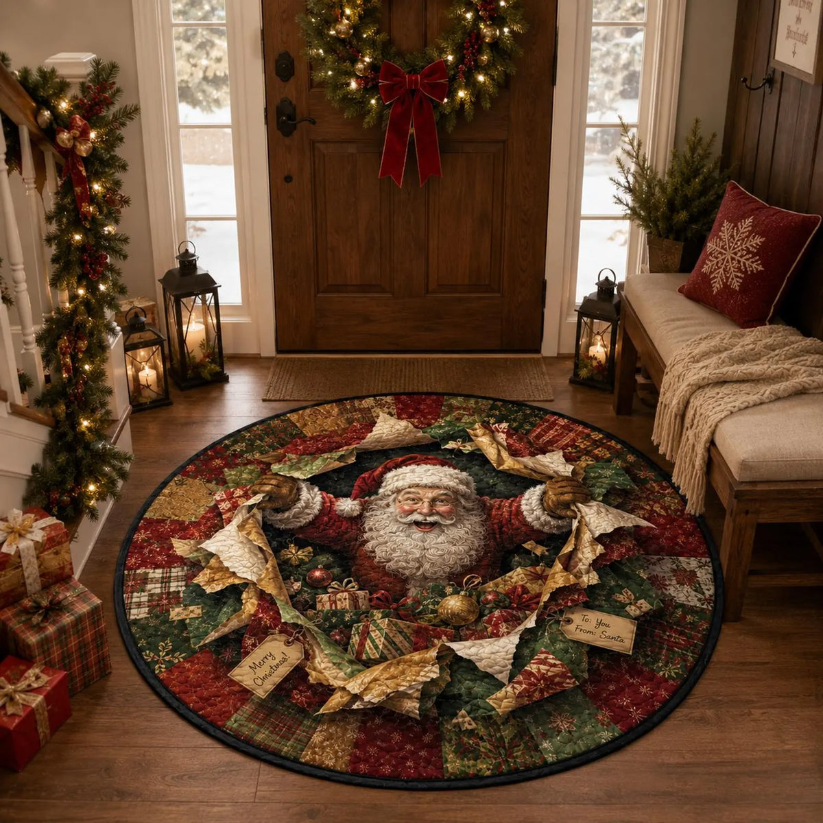 Christmas Quilted Rug, Santa Claus Round Rug, Vintage Patchwork Christmas Rug, Holiday Floor Mat, Festive Santa Home Decor, Xmas Gift. QRPETAL37