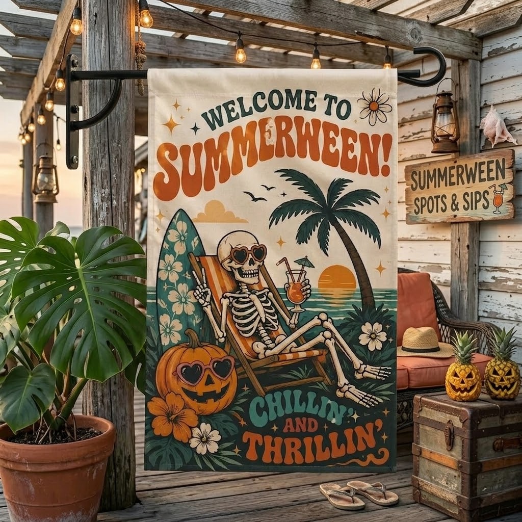 Summerween Garden Flag, Skeleton Halloween Beach Flag, Tropical Halloween Decor, Spooky Summer Yard Flag, Pumpkin Flag. HLWGFPETAL23