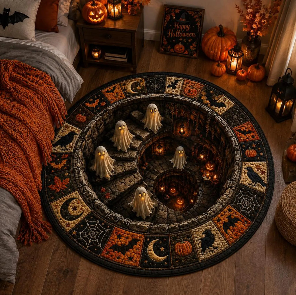 Halloween 3D Illusion Rug, Ghost Staircase Round Rug, Spooky Optical Illusion Carpet, Halloween Floor Mat, Gothic Party Decor. QRPETAL31