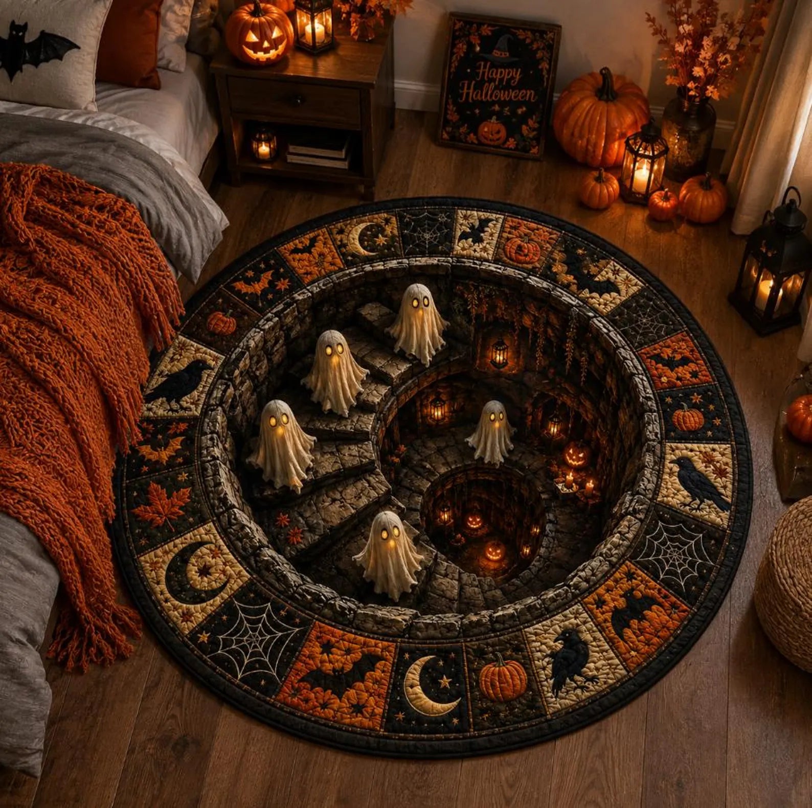 Halloween 3D Illusion Rug, Ghost Staircase Round Rug, Spooky Optical Illusion Carpet, Halloween Floor Mat, Gothic Party Decor. QRPETAL31