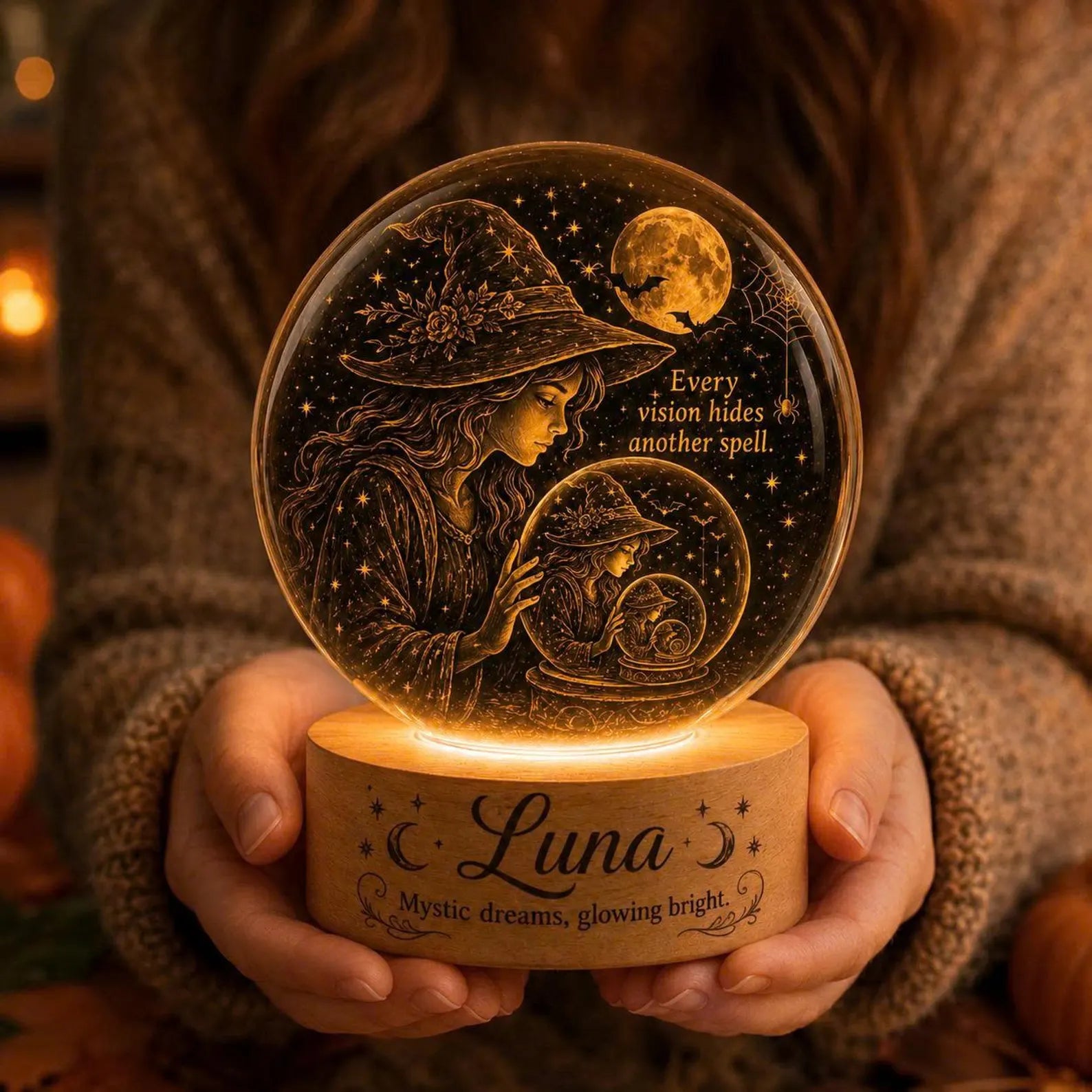 Personalized Witch Crystal Ball Night Light, Halloween LED Lamp, Fortune Teller Decor. LEDPETAL17