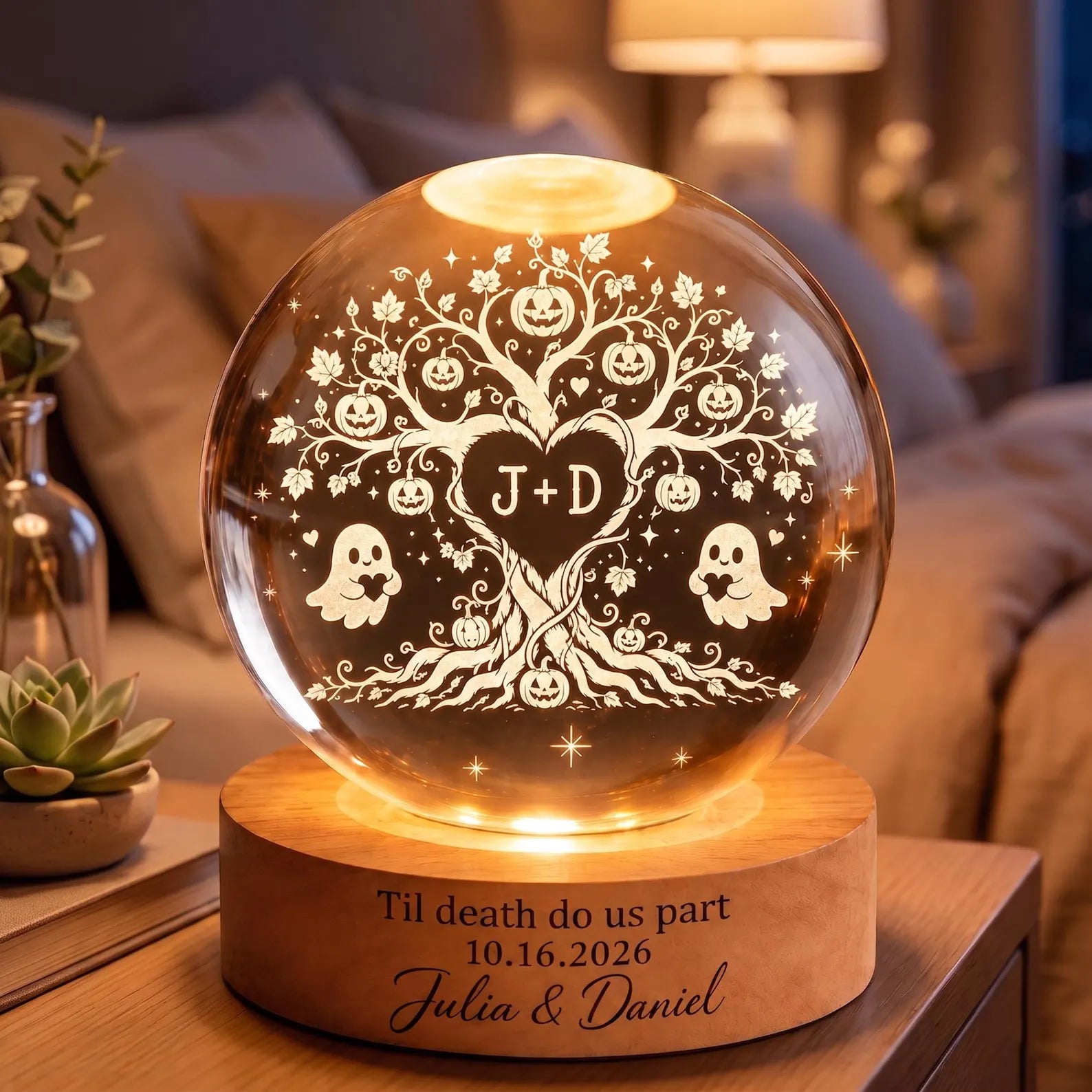 Custom Couple Tree of Love Crystal Ball Night Light, Spooky Couple LED Night Light, Halloween Wedding Gift for Couple, Halloween Home Decor. LEDPETAL12