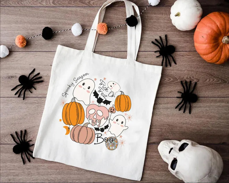 Halloween Doodles Tote Bag, Spooky Cute Ghost and Pumpkin Bag. HLWTBPETAL14