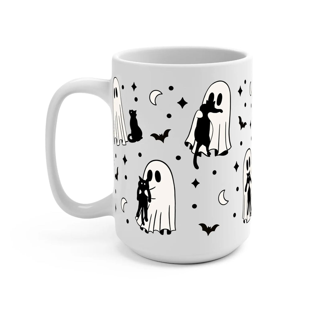 Ghost Holding Cats 15oz Ceramic Coffee Mug - Spooky Cute Halloween Cat Lover Gift - Microwave Dishwasher Safe Sip-Sip Hooray!. MPETAL8