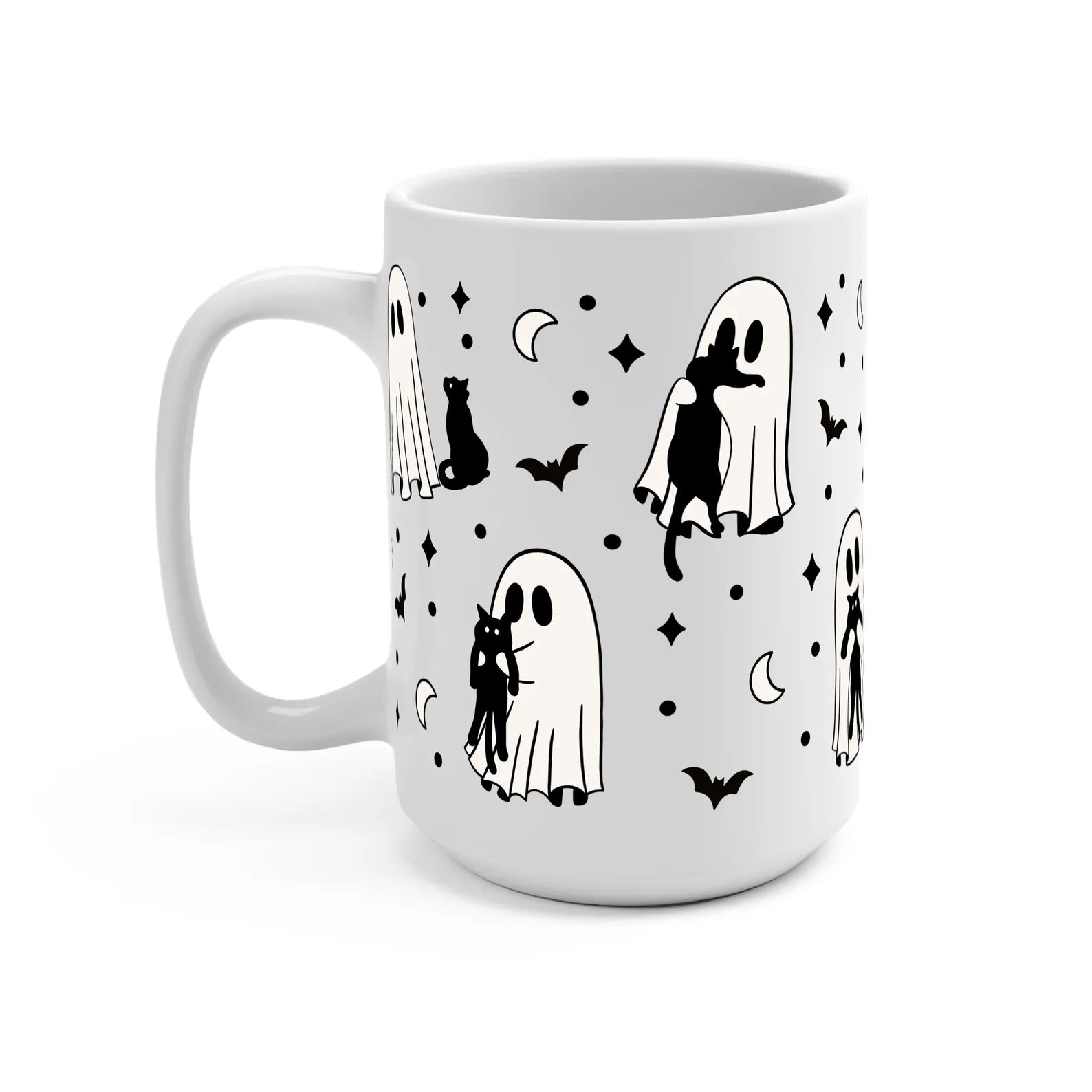 Ghost Holding Cats 15oz Ceramic Coffee Mug - Spooky Cute Halloween Cat Lover Gift - Microwave Dishwasher Safe Sip-Sip Hooray!. MPETAL8