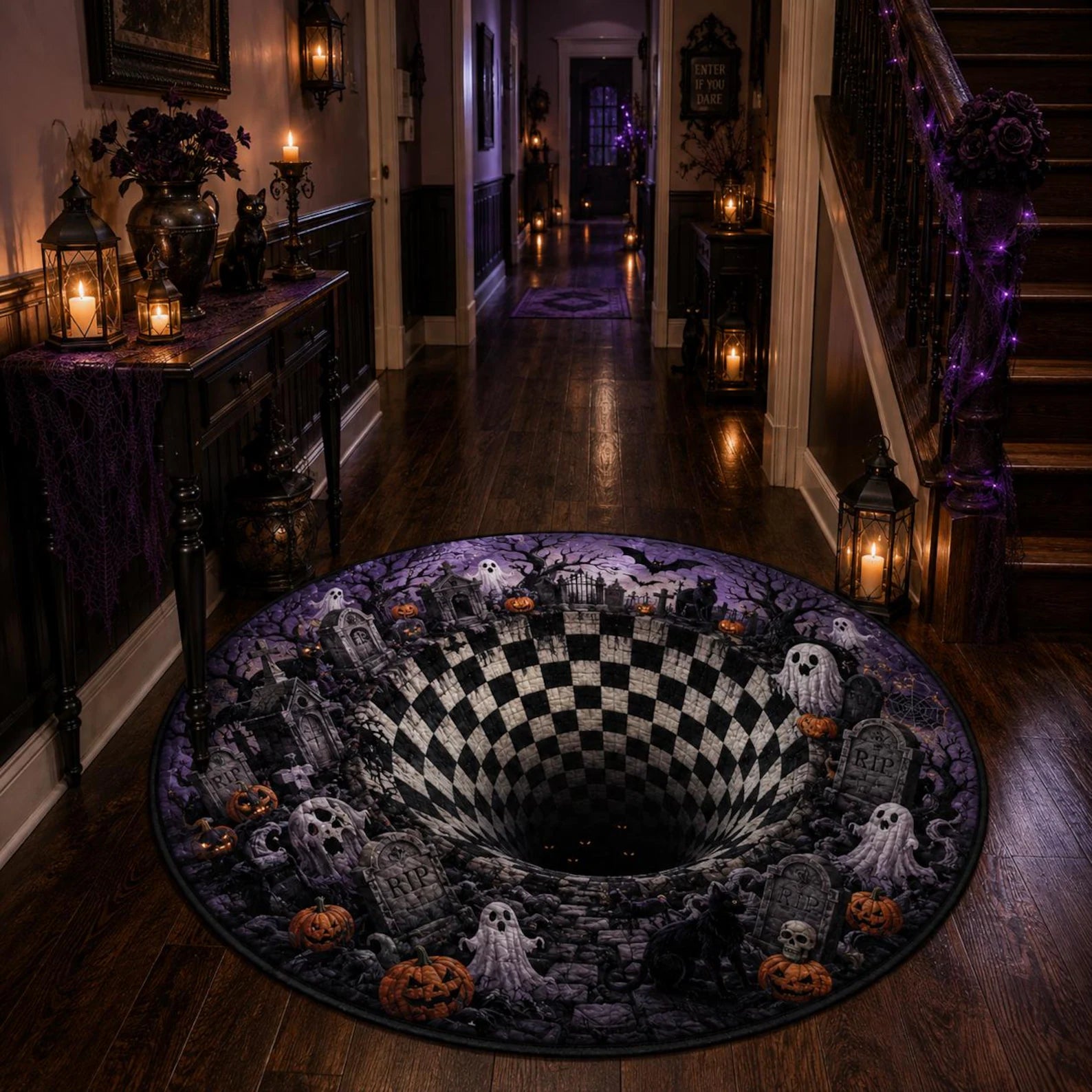 Halloween Quilted Rug, Spooky Graveyard Round Rug, 3D Illusion Floor Decor, Ghost Pumpkin Rug, Gothic Halloween Home Decor, Horror Gift. QRPETAL35
