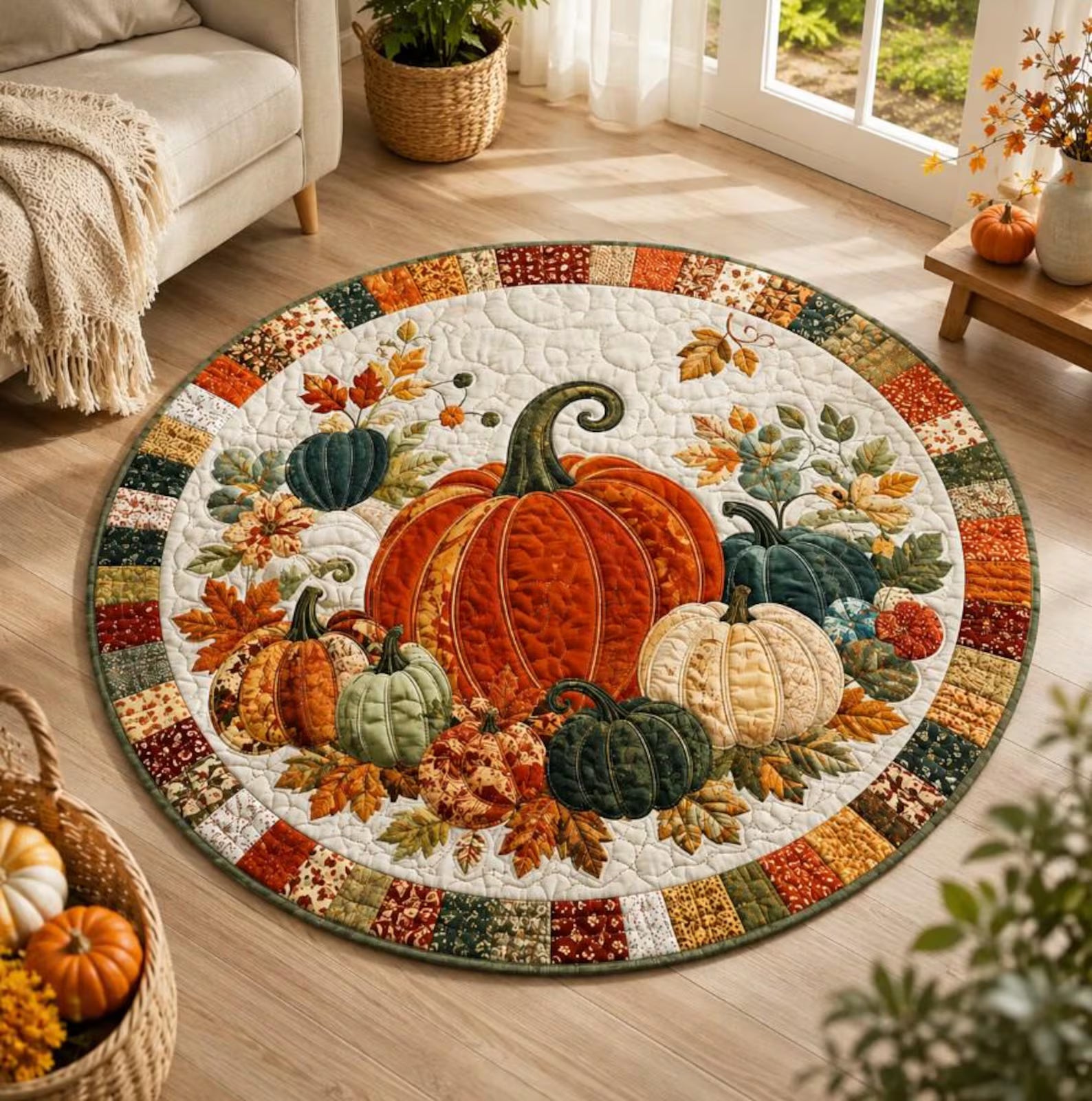 Pumpkin Fall Round Rug, Autumn Quilted Floor Decor, Harvest Area Rug, Thanksgiving Home Decor, Country Pumpkin Rug, Cozy Seasonal Accent. QRPETAL36