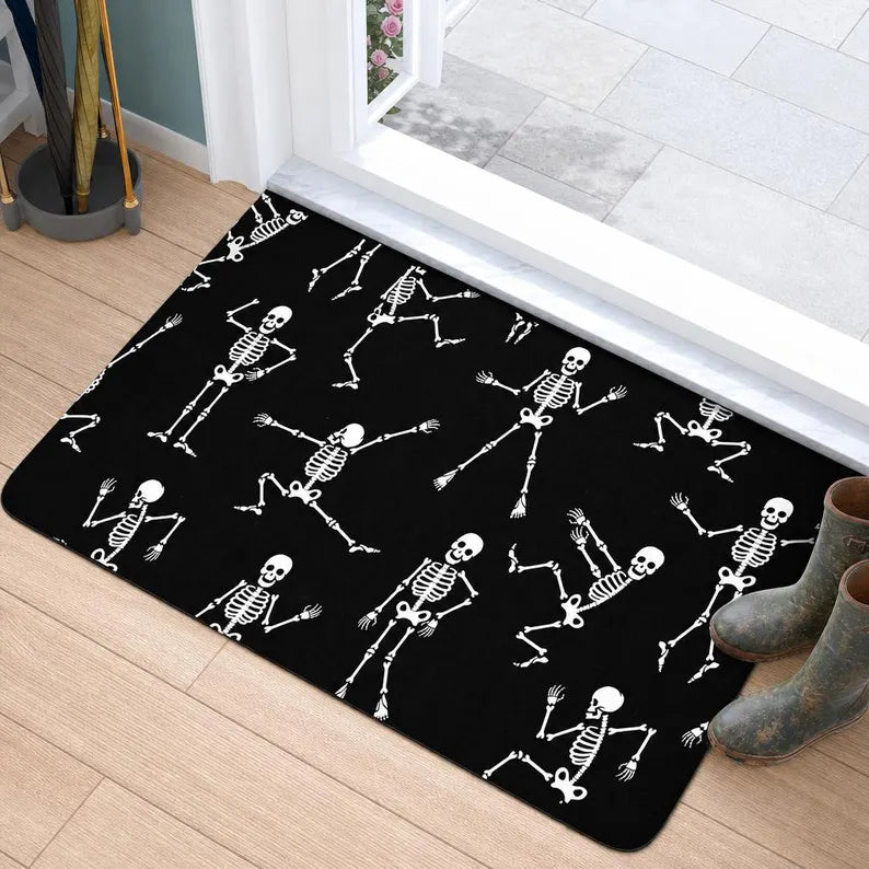 Dancing Skeleton Doormat Halloween Large Black Entry Rug Non-Slip Indoor Outdoor Mat Spooky Decor. DMPETAL20