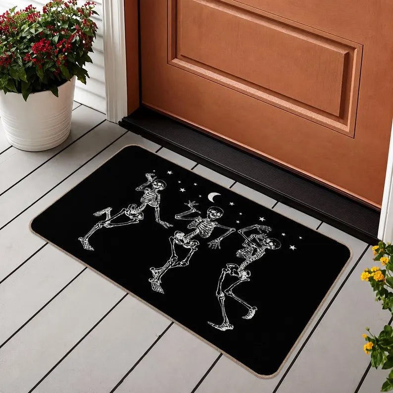 Dancing Skeletons Doormat Halloween Gothic Door Mat Black Spooky Home Decor Skull Welcome Rug. DMPETAL16