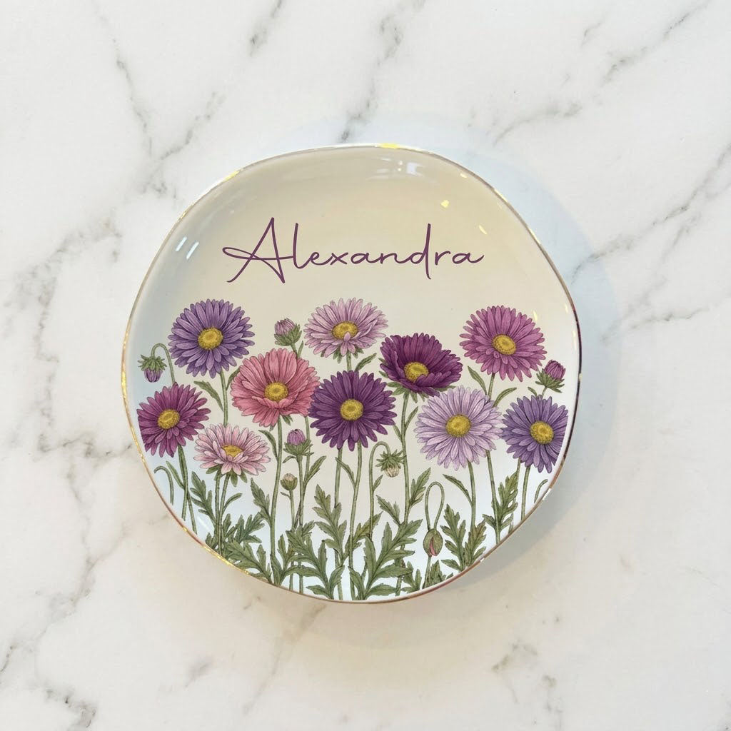 Personalized Watercolor Birth Month Flower Ring Trinket Dish, Birthday Jewelry Dish, Wedding Bridesmaid Gift. JWPETAL01