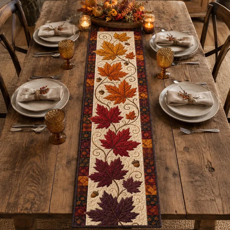 Maple Leaf Fall Table Runner, Quilted Autumn Leaves Table Runner, Thanksgiving Harvest Dining Table Decor, Rustic Farmhouse Home Gift. QTRPETAL11