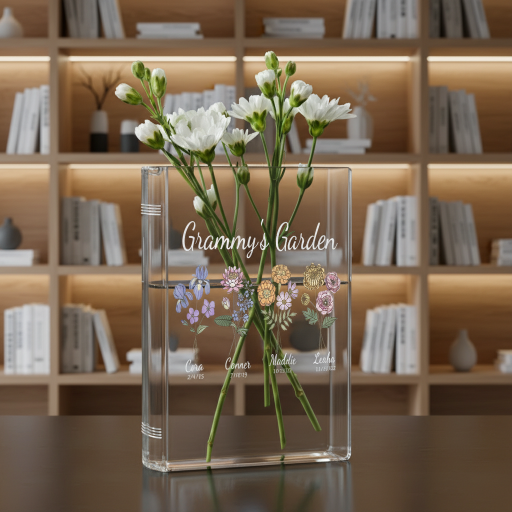 Custom Birth Month Flower Book Vase – Grandma’s Garden or Mom’s Garden Design, Meaningful Mother’s Day Gift for Grandmother, Floral Home Decor