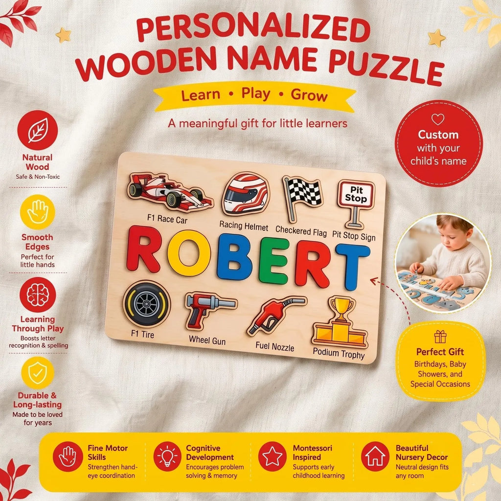 Personalized Wooden Name Puzzle, Chess Theme Toy, Montessori Learning, Nursery Decor. NPPETAL13
