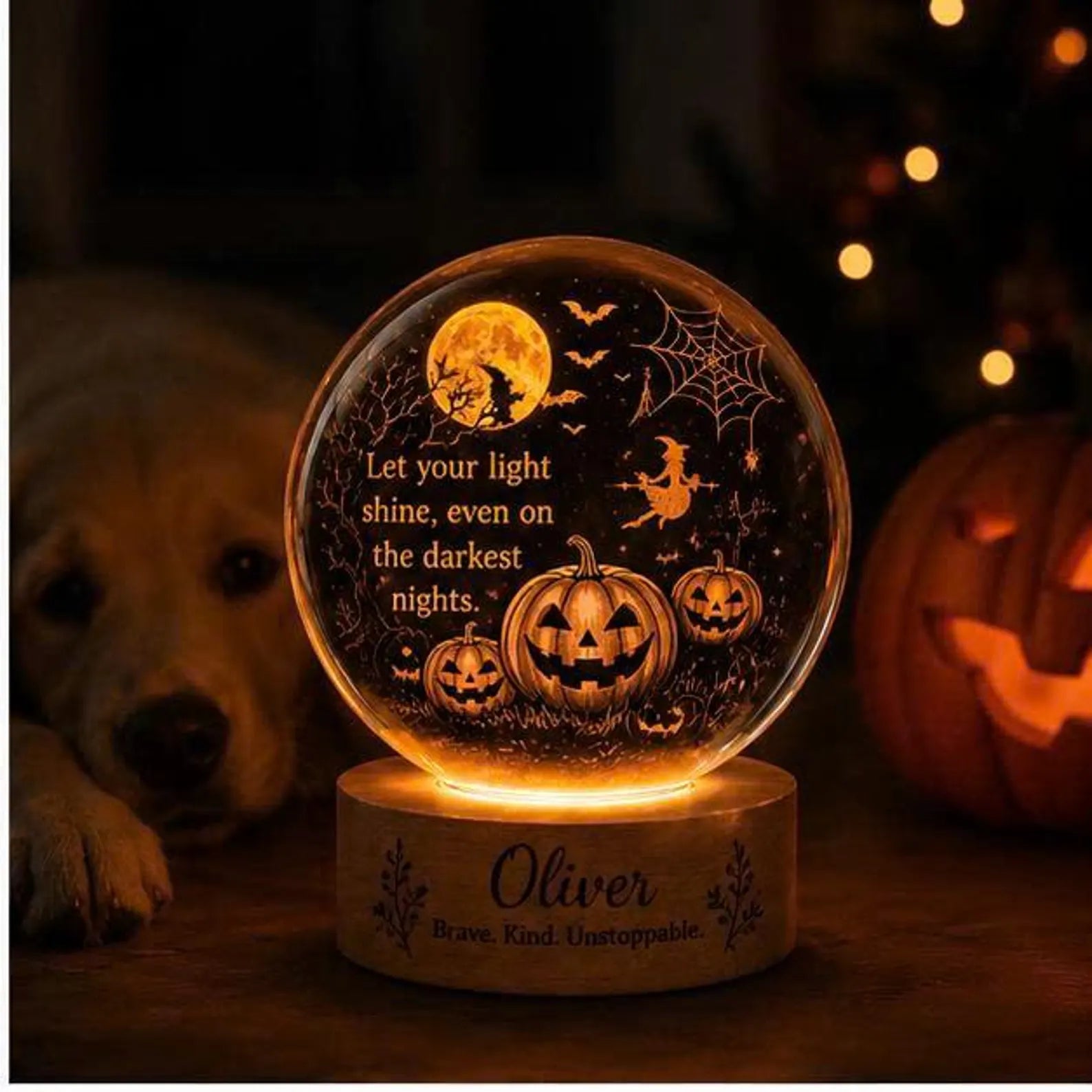 Personalized Halloween Dog Night Light, Custom Name Crystal Ball LED Lamp, Spooky Puppy Decor. LEDPETAL7