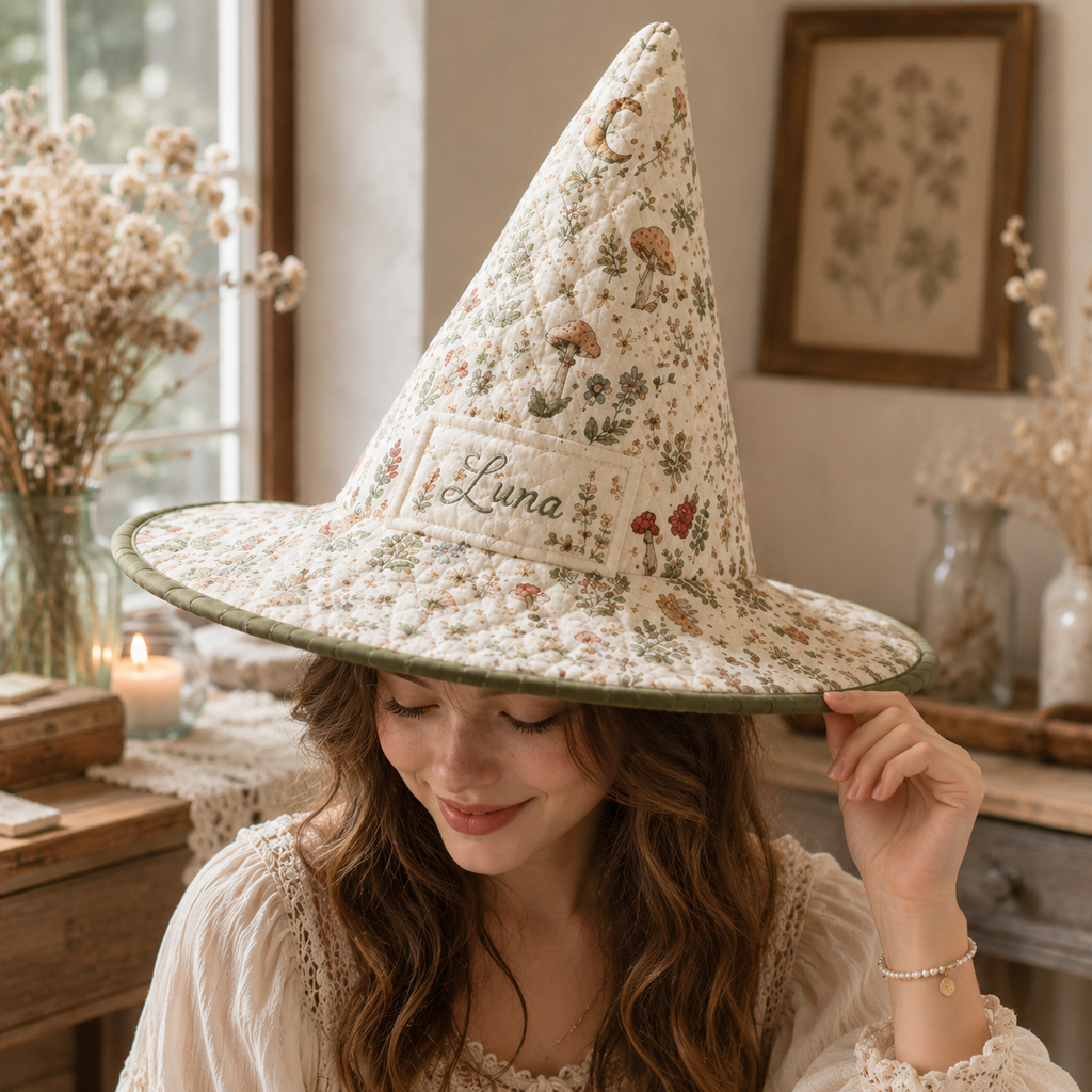 Personalized Quilted Witch Hat for Women – Custom Name Floral Mushroom Witch Hat, Soft Halloween Costume Accessory. QWHPETAL10