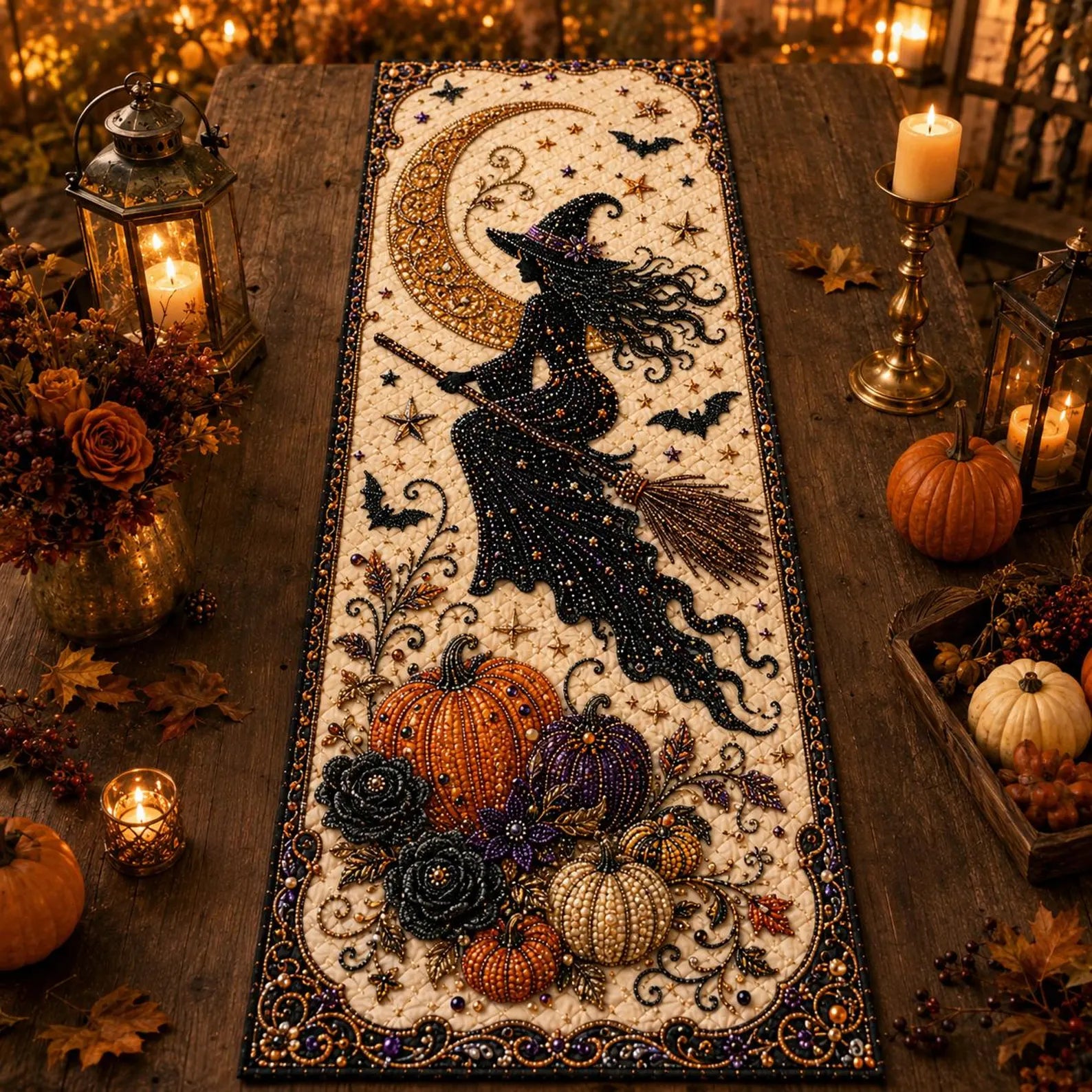 Halloween Witchy Table Runner, Spooky Gothic Haunted Cottage Fall Dining Room Decor, Witch Black Cat Cauldron Pumpkin Quilted Table Decor.QTRPETAL19
