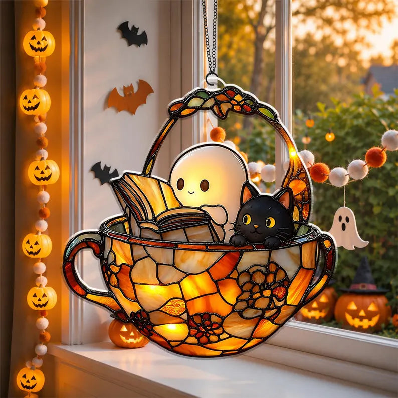 Cute Ghost Reading Book And Black Cat Acrylic Ornament, Halloween Window Hanging, Halloween Bookish Gift, Cat Lover Gift, Book Lover Gift. HSPETAL3