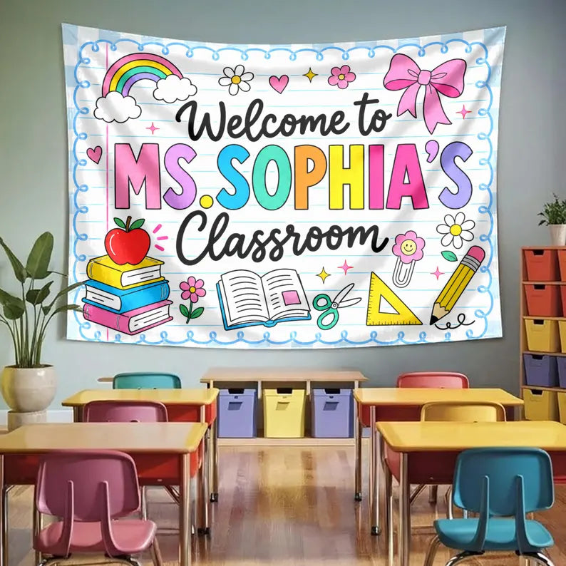 Personalized Teacher Back To School Tapestry Banner, Custom Welcome Classroom Banner with Name, First Day of School Gifts, Gift for Teacher. CBPETAL15