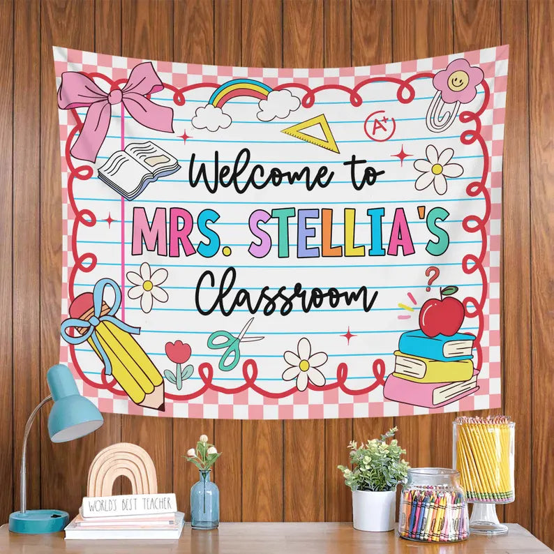 Personalized Teacher Tapestry, Custom Welcome Classroom Banner with Name, Back To School, First Day of School Gifts, Gift for Teacher. CBPETAL01
