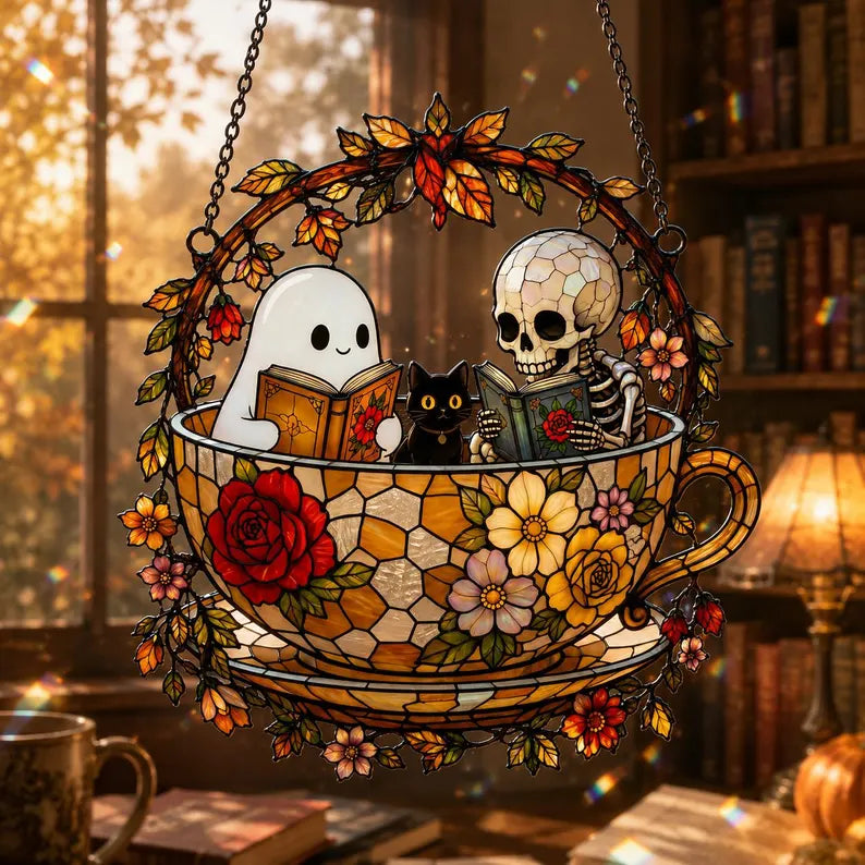Skeleton Ghost Reading Book Acrylic Suncatcher, Black Cat in Teacup, Books Lover Gift. HSPETAL10