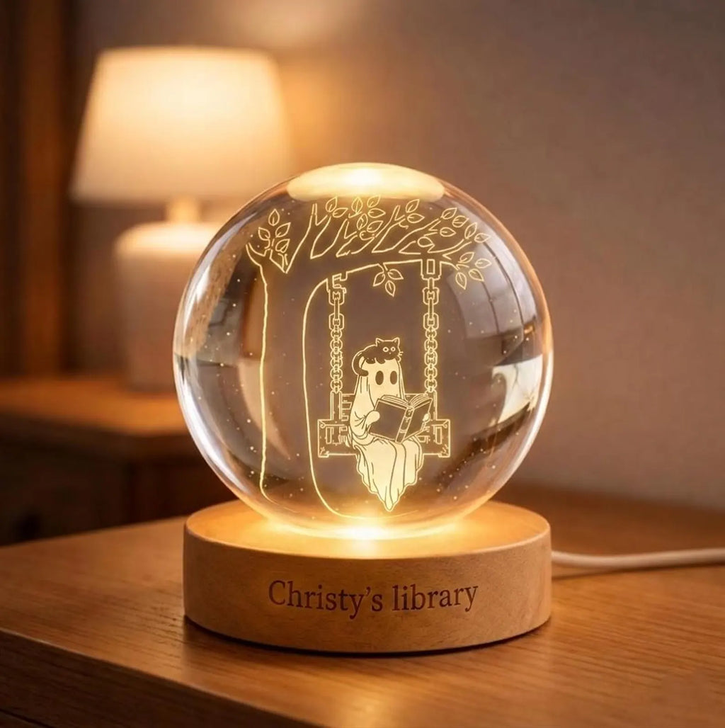 Personalized Ghost Reading Book Crystal Ball, Custom Library Night Light, Book Lover Gift, Cute Ghost Black Cat Lamp, Bookish Room Decor. LEDPETAL20
