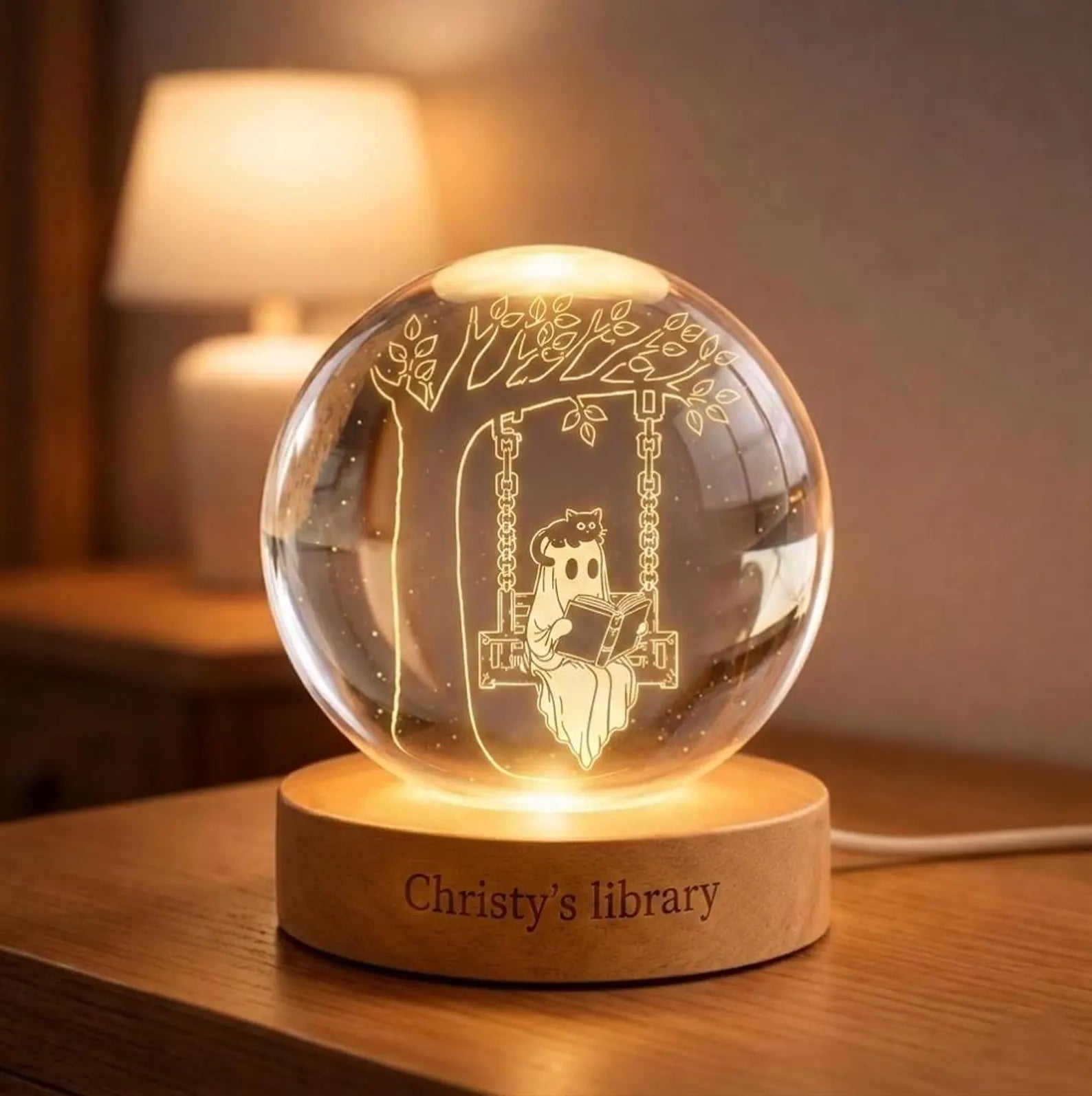 Personalized Ghost Reading Book Crystal Ball, Custom Library Night Light, Book Lover Gift, Cute Ghost Black Cat Lamp, Bookish Room Decor. LEDPETAL20