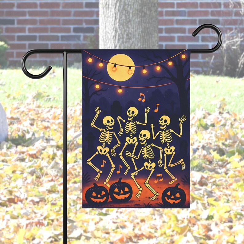 Dancing Skeletons Halloween Garden Flag, Funny Graveyard Party Decor, Spooky Skeleton Yard Sign. HLWGFPETAL3
