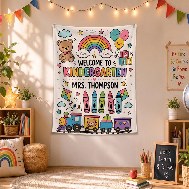 Personalized Kindergarten Tapestry, Welcome to Kindergarten Banner, Teacher Classroom Decor. CBPETAL17