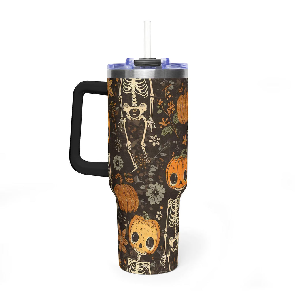 Funny Halloween Skeleton Pumpkin 40oz Tumbler With Handle Spooky Season Gift For Her Custom Fall Quencher Cup For Friends. TBPETAL1