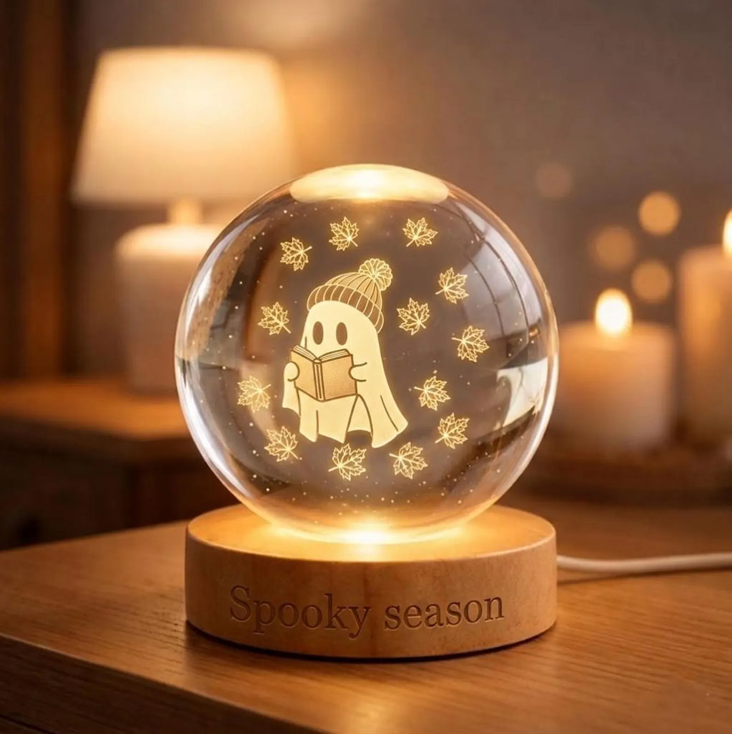 Spooky Season Ghost Lamp, 3D Engraved Bookish Ghost Crystal Sphere, Cozy Fall Room Decor, Halloween Bookworm Gift, Autumn Leaves Night Light. LEDPETAL19