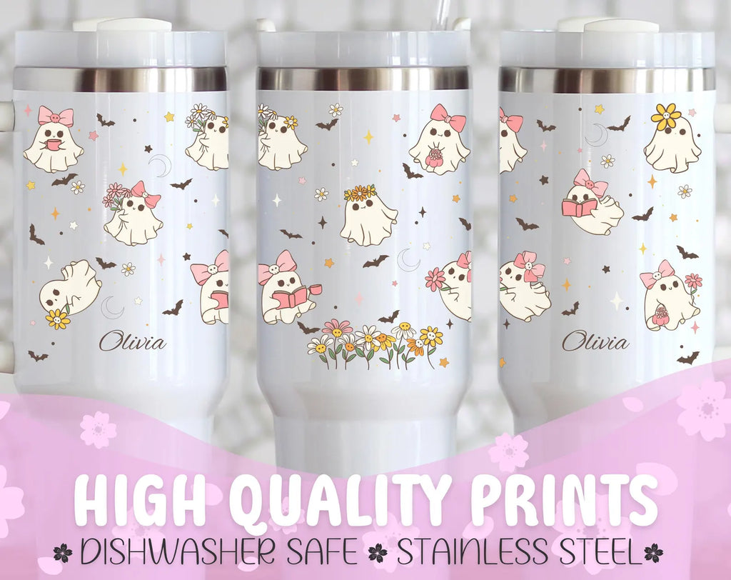 Custom Halloween 40oz Tumbler Personalized Name Cup Cute Spooky Season Keepsake Kawaii Ghost Mug Retro Halloween Tumbler Large Travel Mug. TBLPETAL5