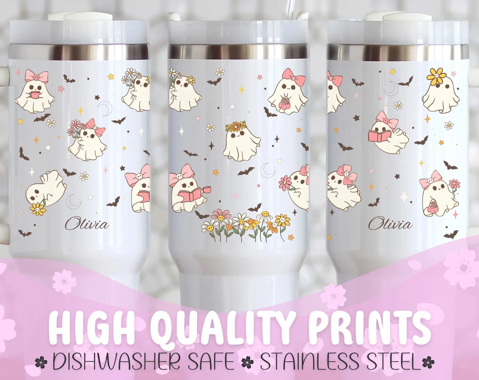 Custom Halloween 40oz Tumbler Personalized Name Cup Cute Spooky Season Keepsake Kawaii Ghost Mug Retro Halloween Tumbler Large Travel Mug. TBLPETAL5
