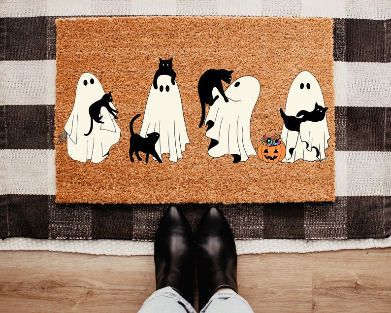 Ghost and Black Cat Doormat, Quirky Coir Entry Rug, Halloween Porch Mat. Halloween Doormat Baby Boo Decor Outdoor. DMPETAL2