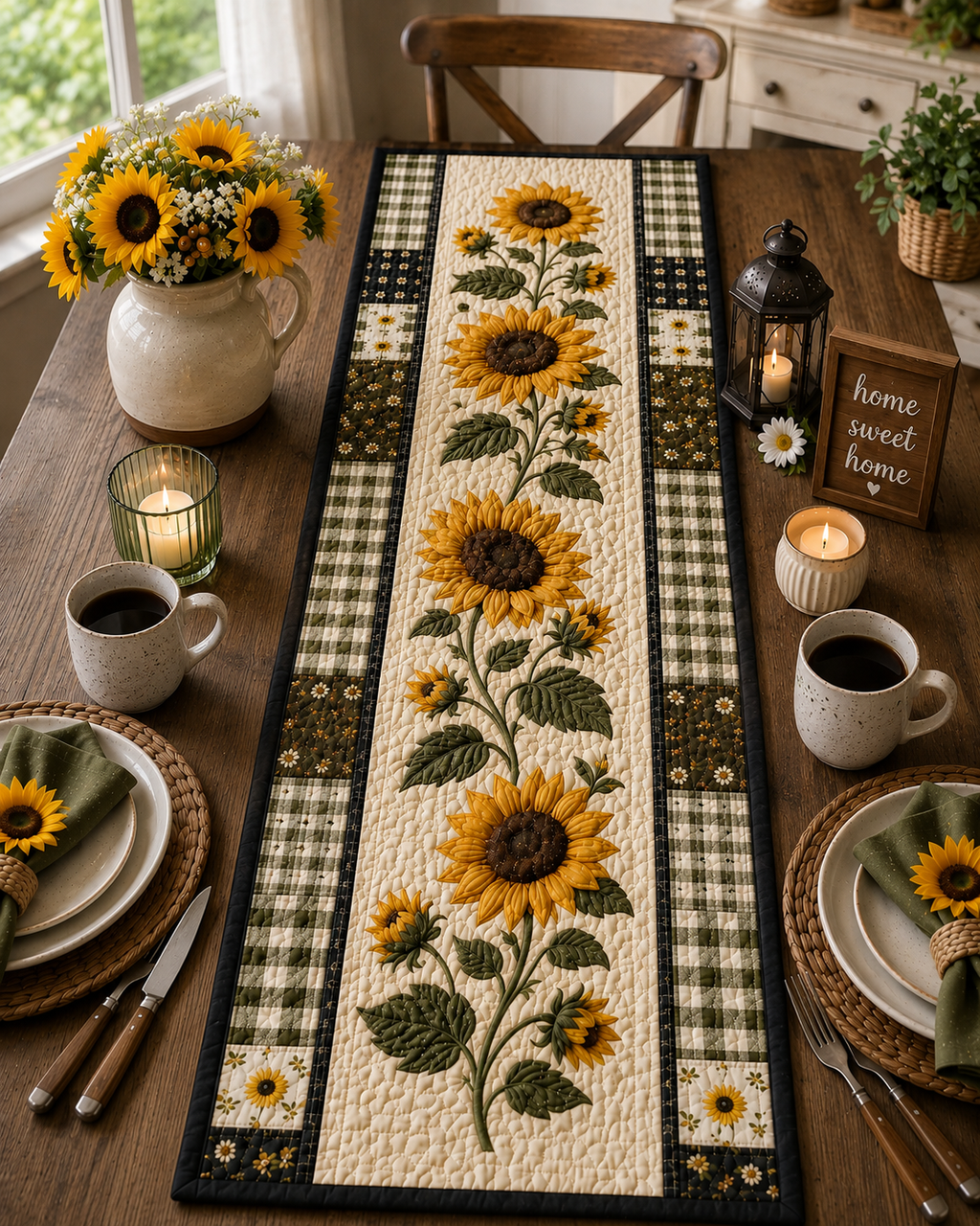 Sunflower Gingham Table Runner, Quilted Farmhouse Table Runner, Rustic Sunflower Kitchen Decor, Summer Fall Dining Table Runner. QTRPETAL1