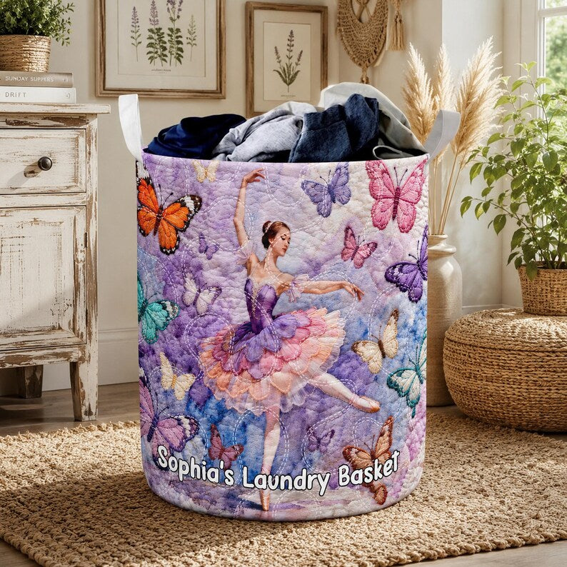 Ballerina Quilted Laundry Basket, Butterfly Dance Hamper, Cottagecore Ballet Laundry Bin, Personalized Fabric Storage Basket. LBPETAL140