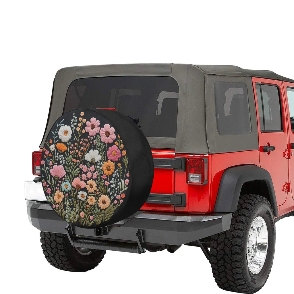 Pink Wild Flowers PVC Leather Spare Tire Cover, Faux Embroidery Printed Grassy Botanicals Floral Wheel Unique Backup Camera Hole Trailer Back Women RV. TCPETAL9