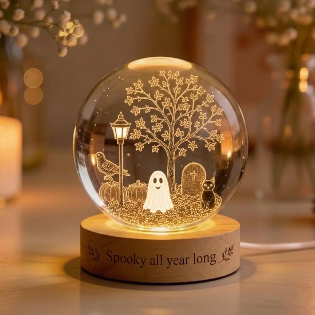Spooky All Year Long Crystal Ball Lamp, Cute Ghost Night Light, Halloween Decor, Gothic Room Aesthetic, 3D Engraved Glass Sphere. LEDPETAL3