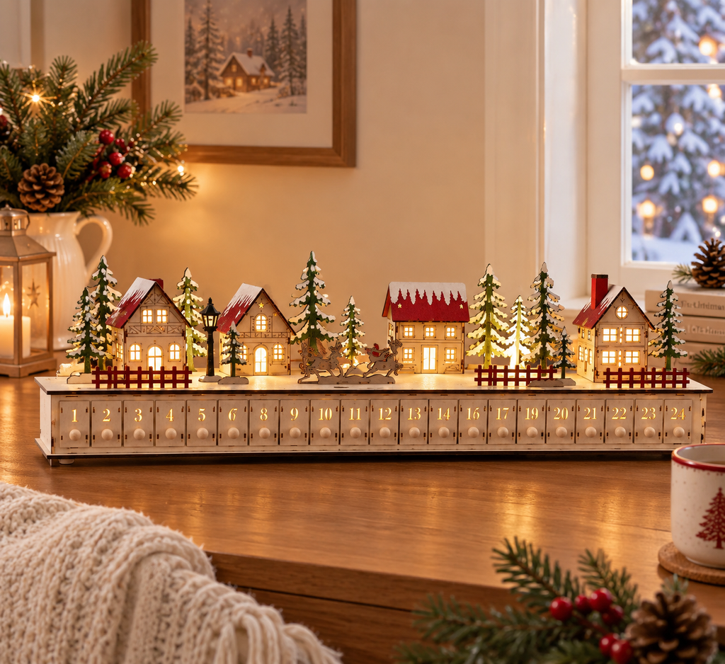 Lighted Wooden Christmas Village Advent Calendar with 24 Drawers, Santa Sleigh Holiday Countdown Decor – ACPETAL07