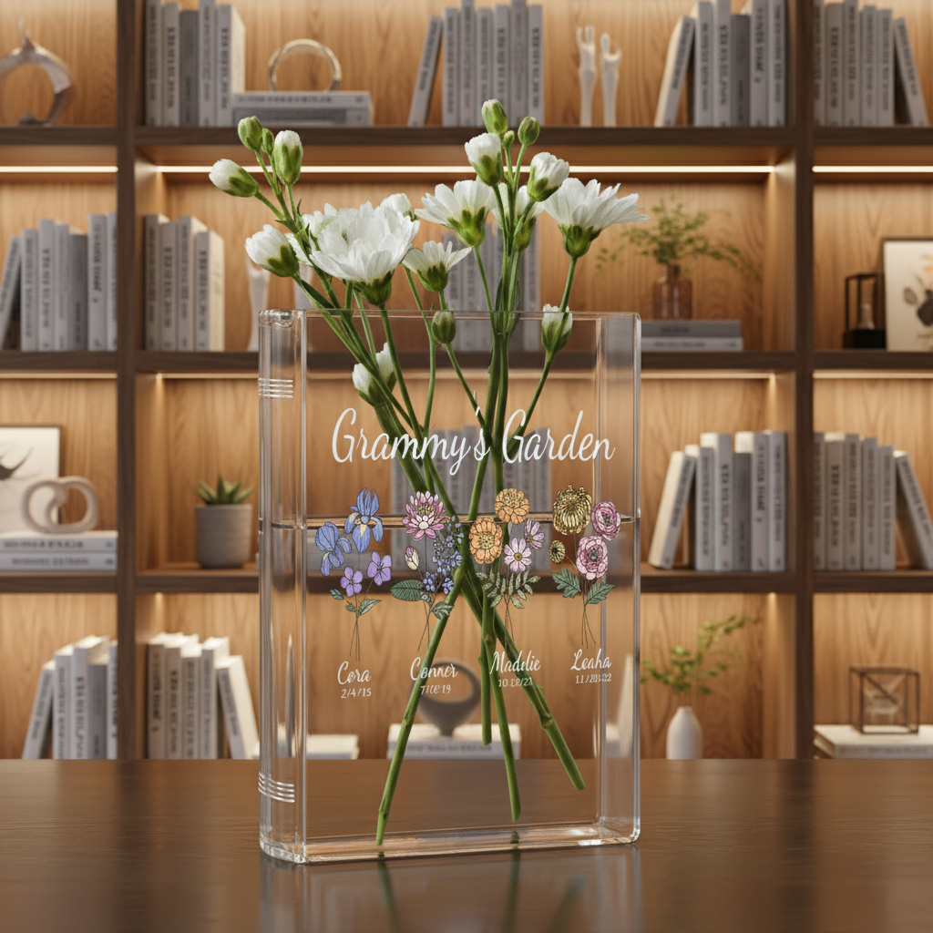 Custom Birth Month Flower Book Vase – Grandma’s Garden or Mom’s Garden Design, Meaningful Mother’s Day Gift for Grandmother, Floral Home Decor