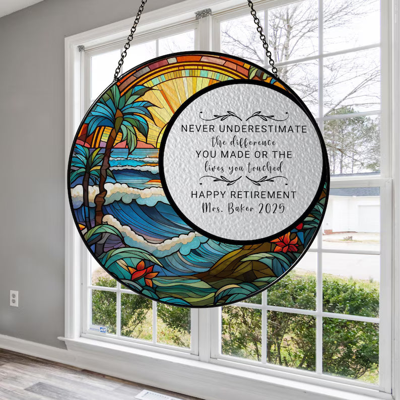 Personalized Stained Glass Retirement Suncatcher, Custom Retired Christmas Gift For Boss Coworker Colleague Retirement Keepsake Gift For Her. SUNPETAL08