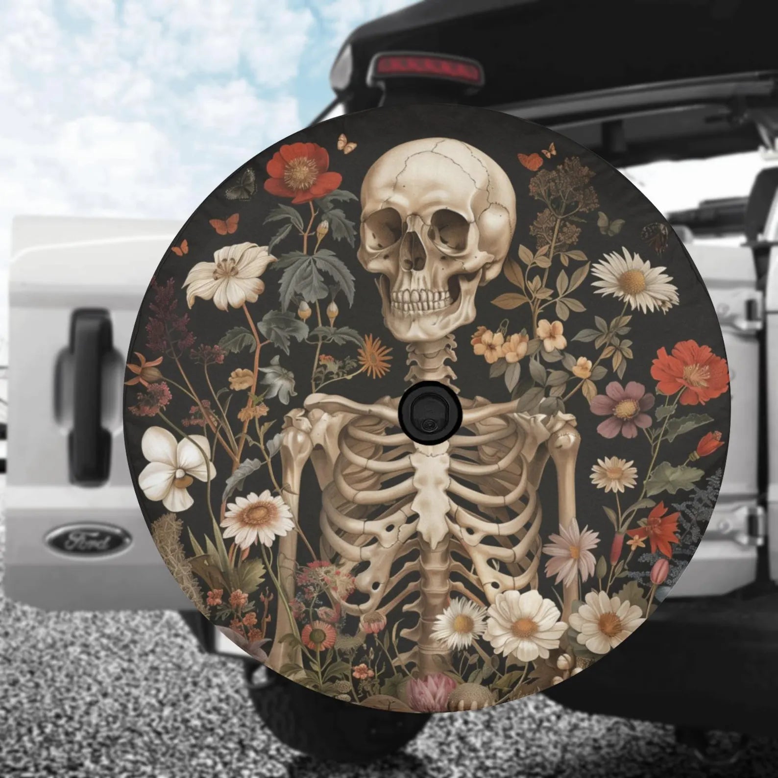 Floral Skeleton Spare Tire Cover, Retro Flowers Skull Cottagecore Backup Camera Hole Rear Wheel Trailer Camper RV Back Men Women Protector. TCPETAL7