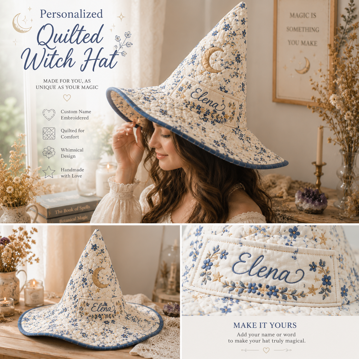 Personalized Quilted Witch Hat – Custom Name Floral Moon Witch Hat for Halloween, Cottagecore & Magical Costume Style. QWHPETAL9
