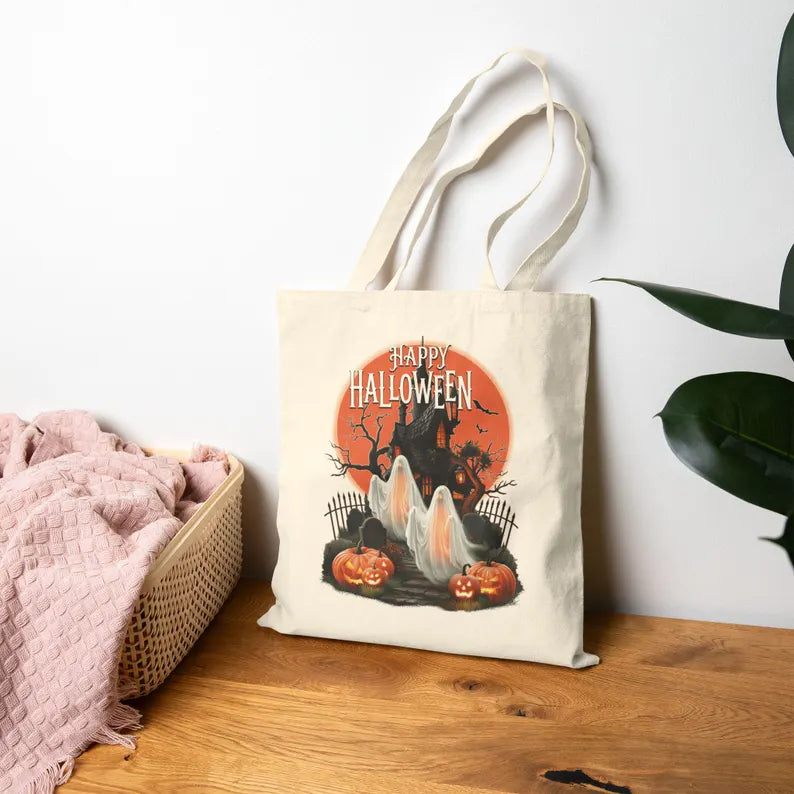 Happy Halloween Tote Bag, Haunted House Ghost Canvas Bag, Pumpkin Trick or Treat Bag, Spooky Season Halloween Gift Tote. HLWTBPETAL8
