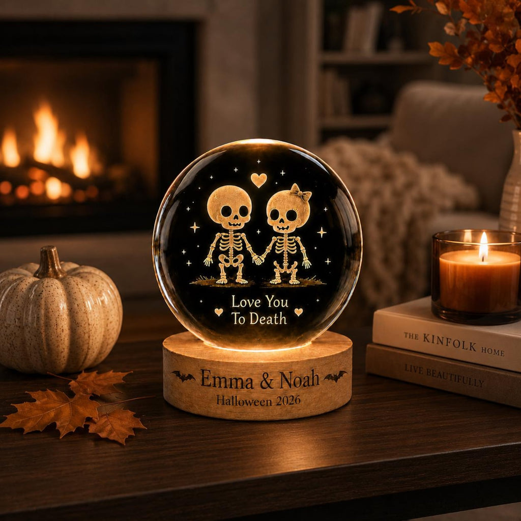 Personalized Skeleton Couple Crystal Ball Night Light, Halloween Decor, Custom Name Spooky Lamp, Gothic Gift for Couples, Fall Home Decor.. LEDPETAL25